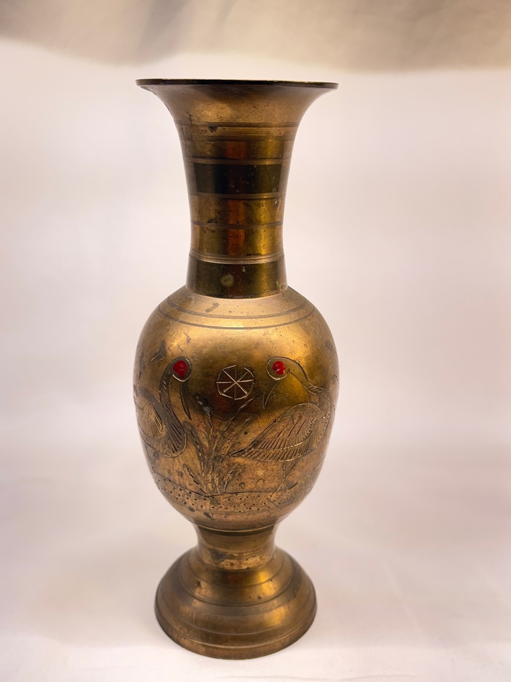 Vintage Etched Brass Peacock Crane Vase Red Eye Accents Boho India Decor